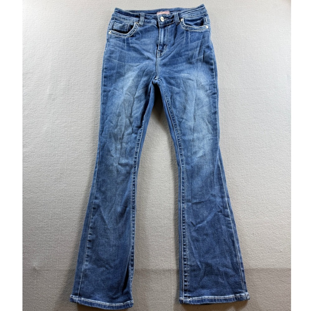 Bamboo Flare Jeans Women 13 Blue Distressed Pockets Thick Stitch Bootcut 29x30